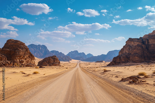 Desert road surrounded by majestic rocks and sand