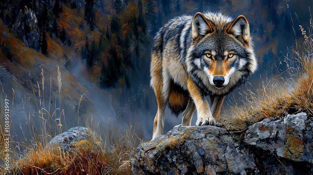 a wolf standing atop a rocky hillside, surrounded by lush green grass and tall trees in the background The wolf is painted in a realistic style, with its fur and f a wolf standing atop a rocky hillside, surrounded by lush green grass and tall trees in the background The wolf is painted in a realistic style, with its fur and f