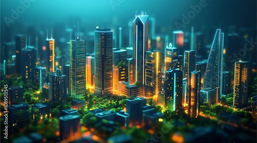 A vibrant futuristic cityscape glowing with holographic displays and sleek skyscrapers