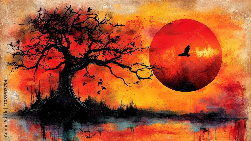a painting of a tree with birds flying around it, illuminated by a beautiful sunset The tree is surrounded by a tranquil body of water, and the sky is painted in a a painting of a tree with birds flying around it, illuminated by a beautiful sunset The tree is surrounded by a tranquil body of water, and the sky is painted in a