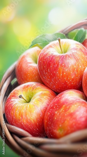  a basket full of red apples sitting on top of a table The apples are a vibrant red color and the leaves are a deep green The background is slightly blurred, givin photo