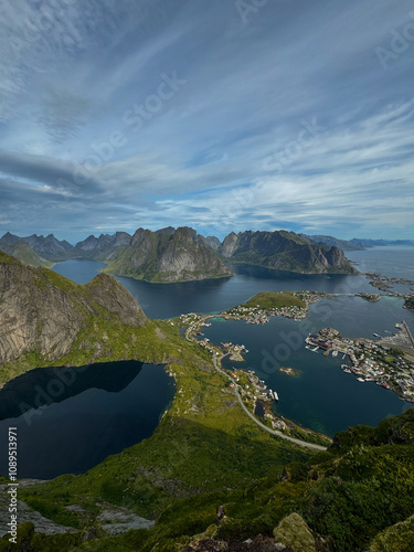 Reine from Reinebringen,view on stunning mountains of Lofoten islands, Norway