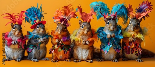 Mismatched Costumes and Whimsical Props A Group of Squirrels Celebrating in a Bright Forest