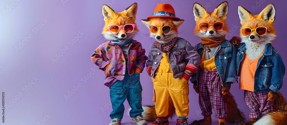 Playful Group of Foxes in Mismatched Costumes Celebrating a Whimsical Party on a Vibrant Purple Backdrop Playful Group of Foxes in Mismatched Costumes Celebrating a Whimsical Party on a Vibrant Purple Backdrop