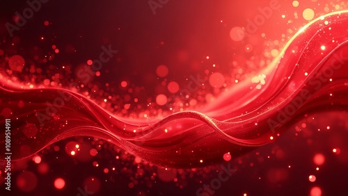 Abstract dark black and red flowing waves and vibrant circular light effects background.