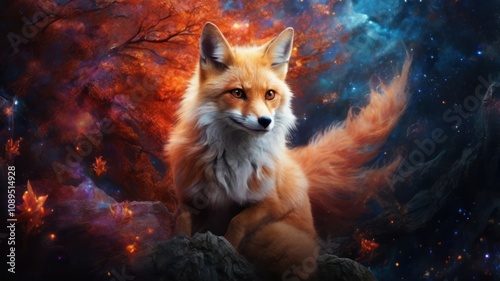 Fototapeta Naklejka Na Ścianę i Meble -  A red fox with flowing fur stands in a mystical forest with a swirling, starry sky.
