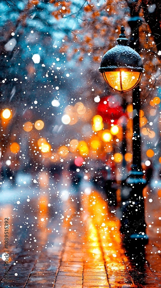 a street light in the middle of a snowy city at night, with snow falling around it The street is illuminated by the street light, casting a warm glow on the trees a street light in the middle of a snowy city at night, with snow falling around it The street is illuminated by the street light, casting a warm glow on the trees
