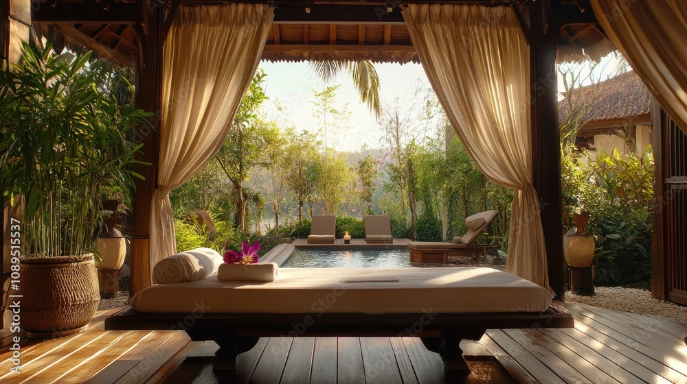 Tranquil Outdoor Spa Retreat with Cozy Lounge Area Overlooking Serene Pool and Lush Greenery in Warm Evening Light Tranquil Outdoor Spa Retreat with Cozy Lounge Area Overlooking Serene Pool and Lush Greenery in Warm Evening Light