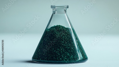 Glass flask filled with shimmering green particles in a minimalist setup photo