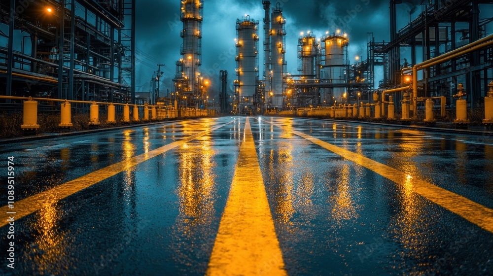 Night view of refinery in the rain. Night view of refinery in the rain.