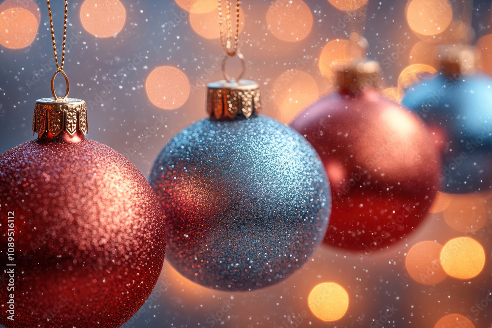 Christmas balls hanging on golden threads. The balls are covered in glitter and are made in red and blue tones. Christmas balls hanging on golden threads. The balls are covered in glitter and are made in red and blue tones.