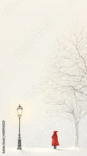  a little red riding hoodie standing in the snow next to a street light, with a tree in the background The image is animated, giving it a lively and vibrant feel