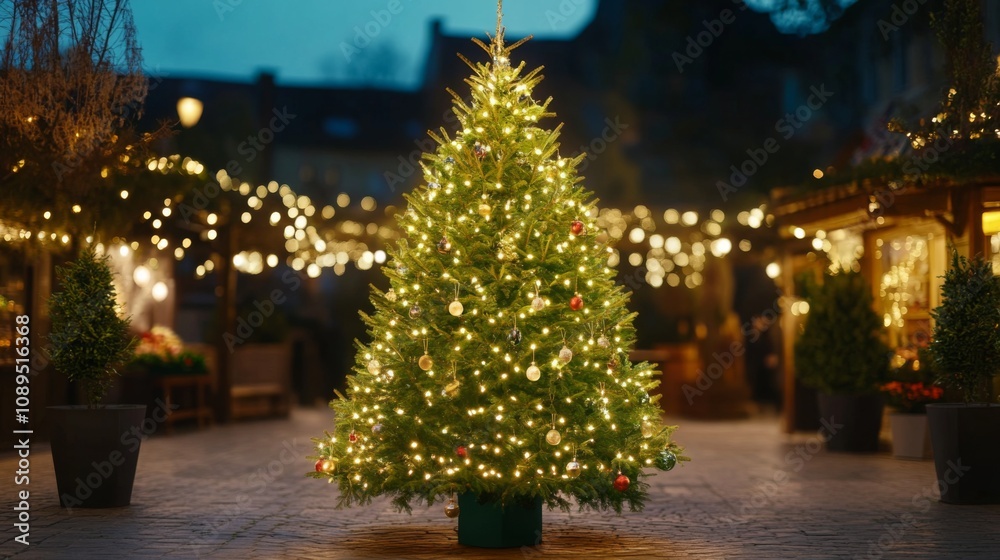 Illuminated Christmas Tree In Festive Night Market Setting Illuminated Christmas Tree In Festive Night Market Setting