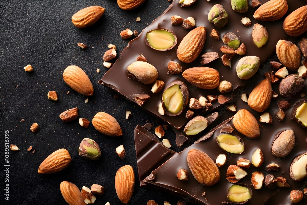 Glossy dark chocolate bark embedded with pistachios, cashews, and pecans, surrounded by loose nuts Glossy dark chocolate bark embedded with pistachios, cashews, and pecans, surrounded by loose nuts