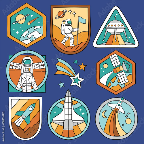 Set of vector space patches. Hand drawn vintage spacecraft badges. Perfect for tee shirt logo, greeting card, poster or nursery print design. EPS 10 vector file.