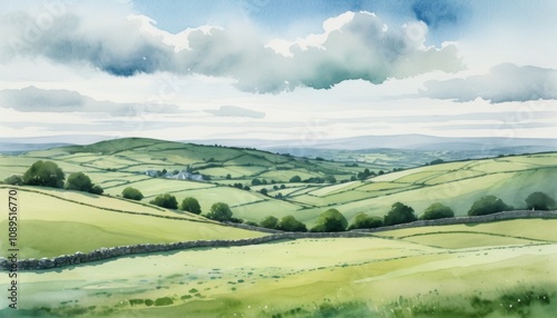 Watercolor Irish landscape capturing the serene beauty of rolling green hills for St. Patricks Day celebration