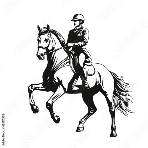 Black and white illustration of an equestrian rider on a galloping horse in a bold graphic style