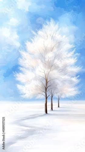  a painting of two white trees in the middle of a snowy field, with a blue sky in the background The trees are surrounded by a blanket of snow, and the sky is fille