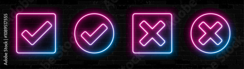 Neon Check and Cross Icons Set on Black Background