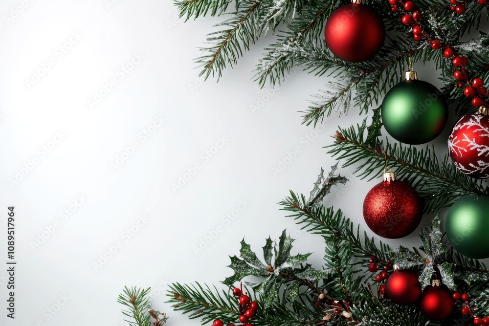 Christmas decoration and ornament, A beautifully decorated Christmas tree corner featuring red and green baubles, pine needles, and festive accents. Christmas decoration and ornament, A beautifully decorated Christmas tree corner featuring red and green baubles, pine needles, and festive accents.