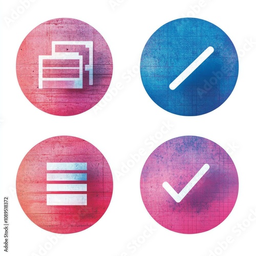 business icon set, four circular shapes in pink blue on white background, representing different company unit, core values and KPI measurements photo