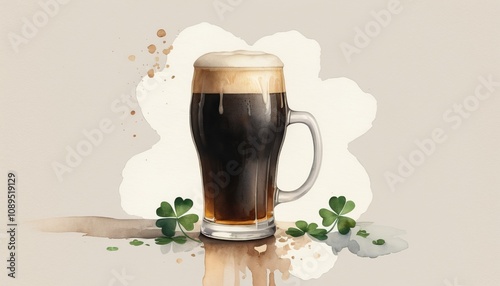 Celebrate St. Patricks Day with a vibrant watercolor illustration of a dark beer and clovers, capturing the essence of Irish festivities and traditions