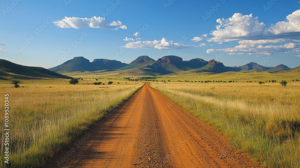 Naklejka premium Dirt Road Leading Towards Majestic Mountains Under Blue Sky
