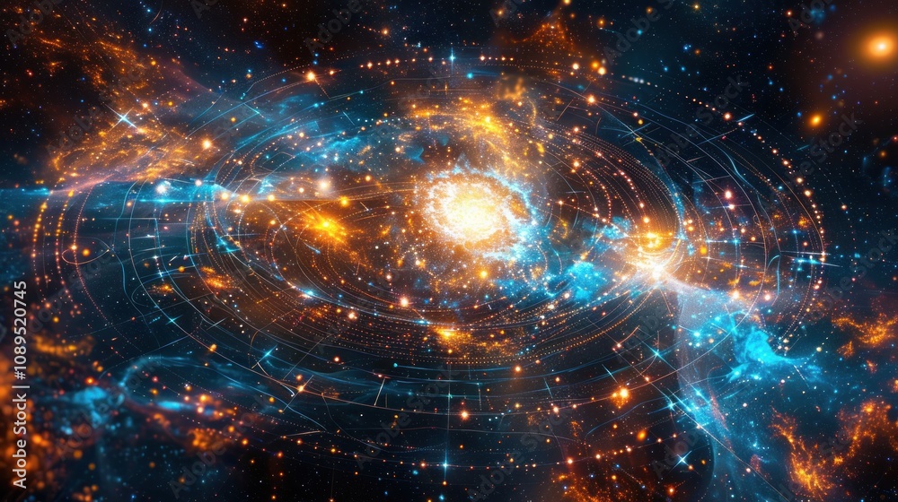 Fototapeta premium An abstract digital art background image with swirling blue and orange energy flowing through a dark, starry space.