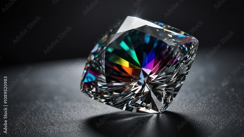 A large, clear gemstone with a rainbow of colors reflecting off its facets. A large, clear gemstone with a rainbow of colors reflecting off its facets.