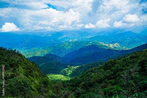 Scenic nature viewpoint lush green mountains landscape photography cloudy sky serene environment outdoor exploration