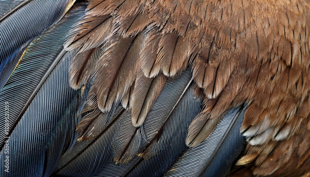 Naklejka premium Close-Up of Vibrant Bird Feathers in Rusty Orange and Metallic Blue Shades, Perfect for Concepts of Nature’s Intricacy, Wildlife, Biomimicry, Texture Design, and Natural Pattern Inspiration