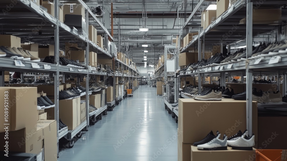 Fototapeta premium Spacious and Organized Shoe Warehouse with Neatly Arranged Shelves and Cardboard Boxes on a Well-Lit Factory Floor for Efficient Storage and Inventory Management