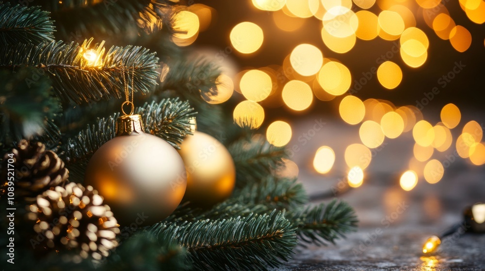 Golden Ornaments Adorn Christmas Tree Branch With Lights Golden Ornaments Adorn Christmas Tree Branch With Lights