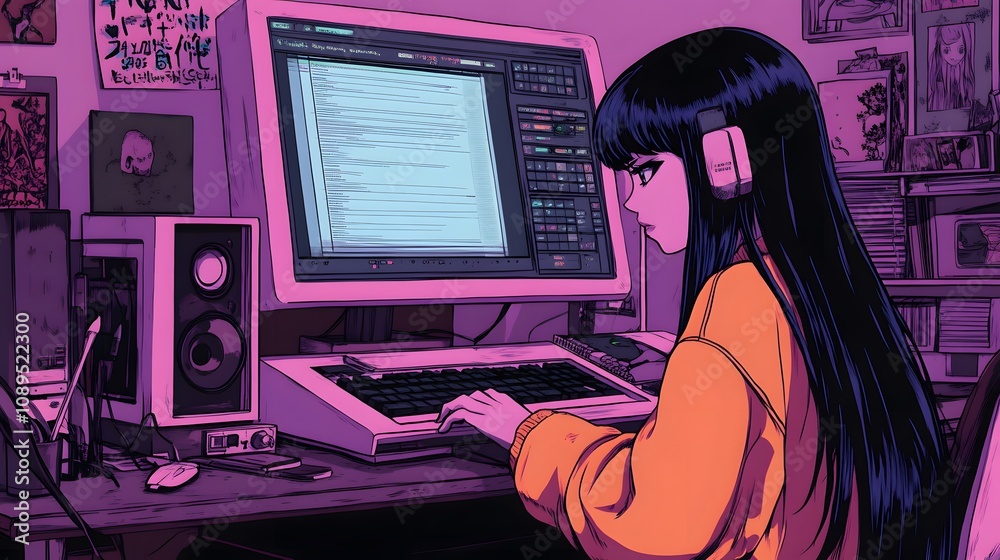Female Asian artist working intently on a digital project at a vibrant desk setup. Female Asian artist working intently on a digital project at a vibrant desk setup.