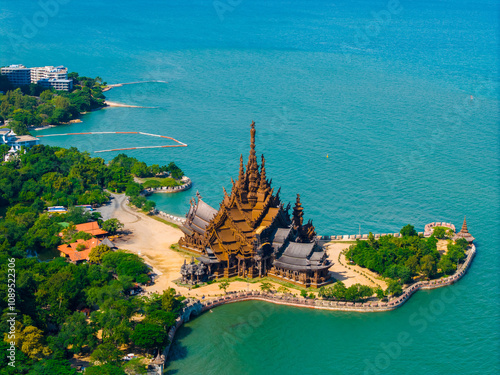 Photography Sanctuary of Truth wooden temple in Pattaya Chonburi Thailand, aerial top view