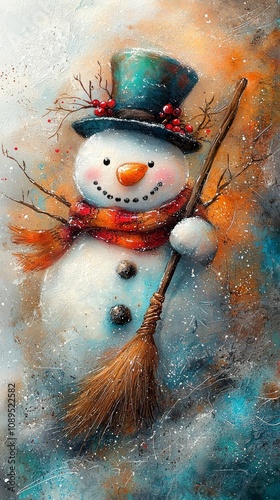  a painting of a snowman wearing a top hat and scarf, holding a broomstick, against a white background The snowman is surrounded by a wintery landscape, with snowfl photo