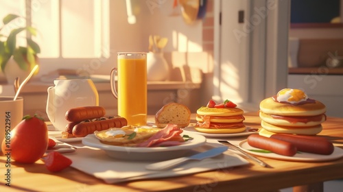 A breakfast spread with fried eggs, hot dogs, bacon, and pancakes, served with fresh fruit.