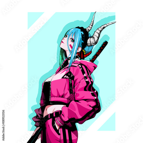 cartoon  character cyberpunk woman with a sword