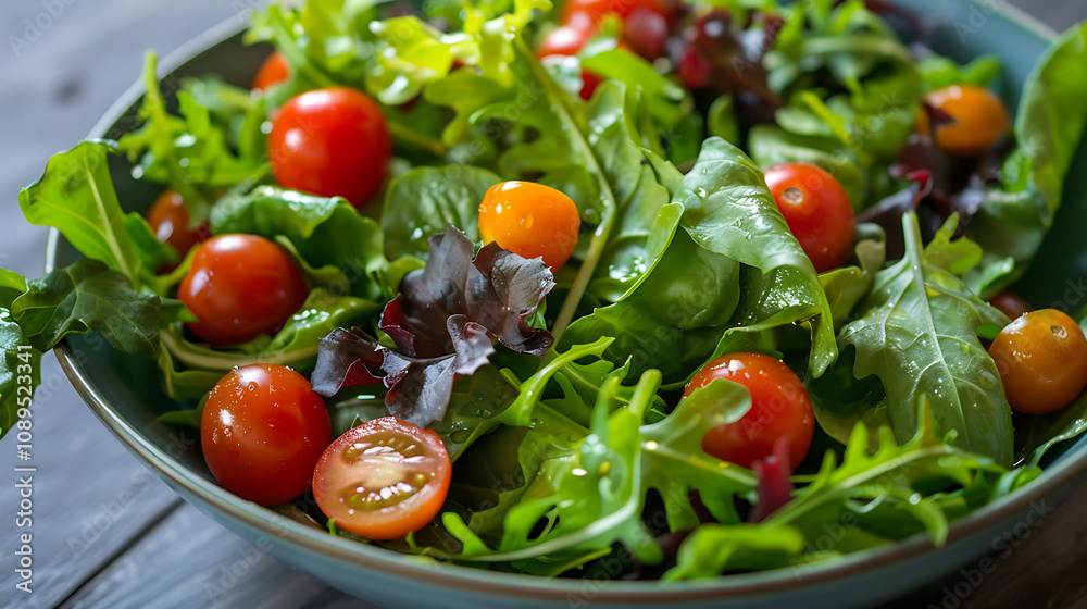 A Vibrant Salad with Mixed Greens, Cherry Tomatoes, Cucumbers, and Colorful Veggies, Topped with Fresh Herbs and a Light Vinaigrette for a Healthy, Refreshing Meal A Vibrant Salad with Mixed Greens, Cherry Tomatoes, Cucumbers, and Colorful Veggies, Topped with Fresh Herbs and a Light Vinaigrette for a Healthy, Refreshing Meal