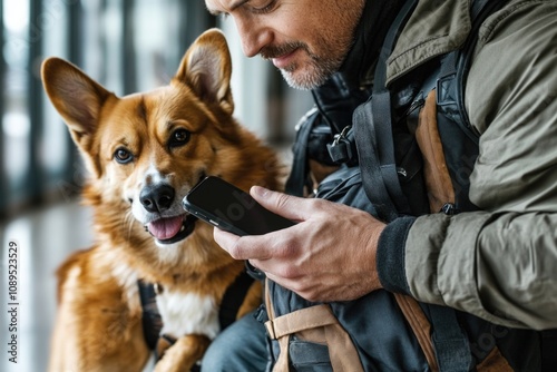 A person holding a cell phone and walking with their loyal companion, a dog photo