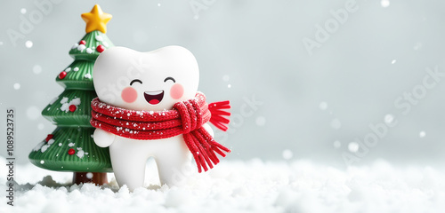 Happy white cartoon teething ceramic toy with red scarf and Christmas tree on snow background with space for text. Falling snow. Seasonal dental promotions