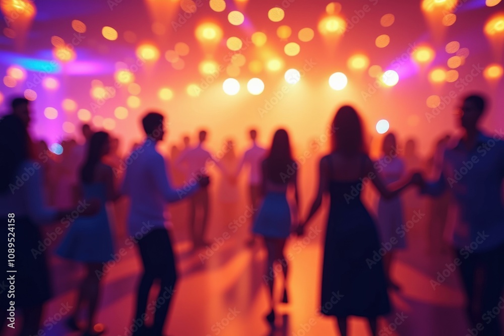 Vibrant Nightlife Dance Party Scene with Couples Enjoying Music under Colorful Disco Lights