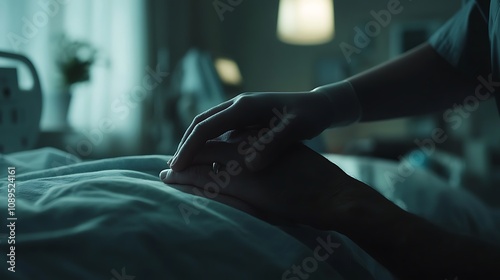 A nurse holding a patient's hand for emotional support in a hospital room with soft lighting photo