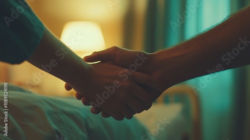 A nurse holding a patient's hand for emotional support in a hospital room with soft lighting photo