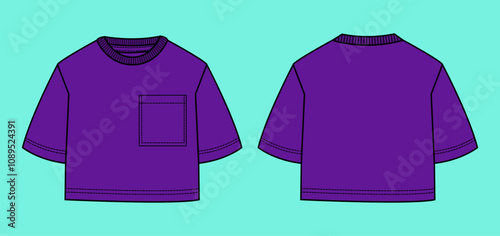 Ladies crop crew neck short sleeve t-shirt vector flat sketch