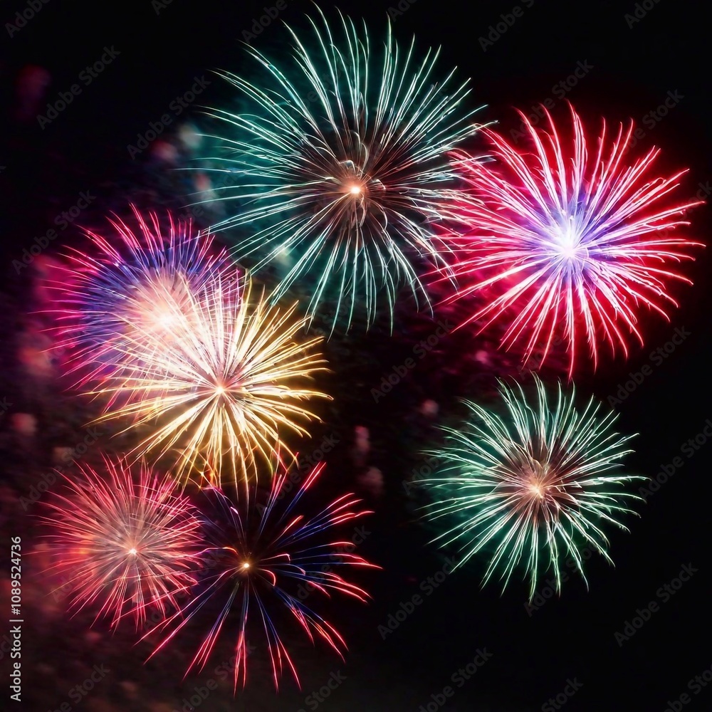 Fototapeta premium Fireworks in night sky, enhanced with radiant glow effects.