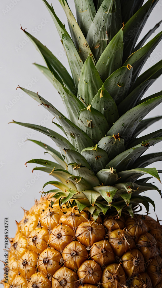 Fototapeta premium Organic ripe pineapple captured in a bright studio setting, highlighting its natural golden and green hues