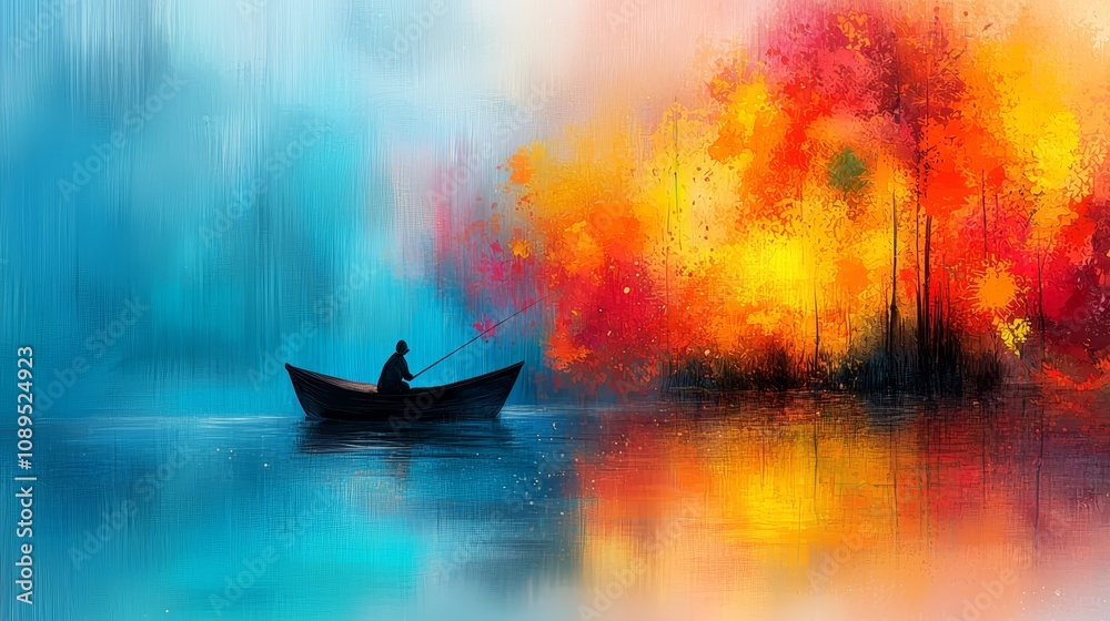 Fototapeta premium a man in a boat, holding a fishing rod, surrounded by a vibrant array of colors The painting has a resolution of 1920x1080, making it perfect for use as a wallpape