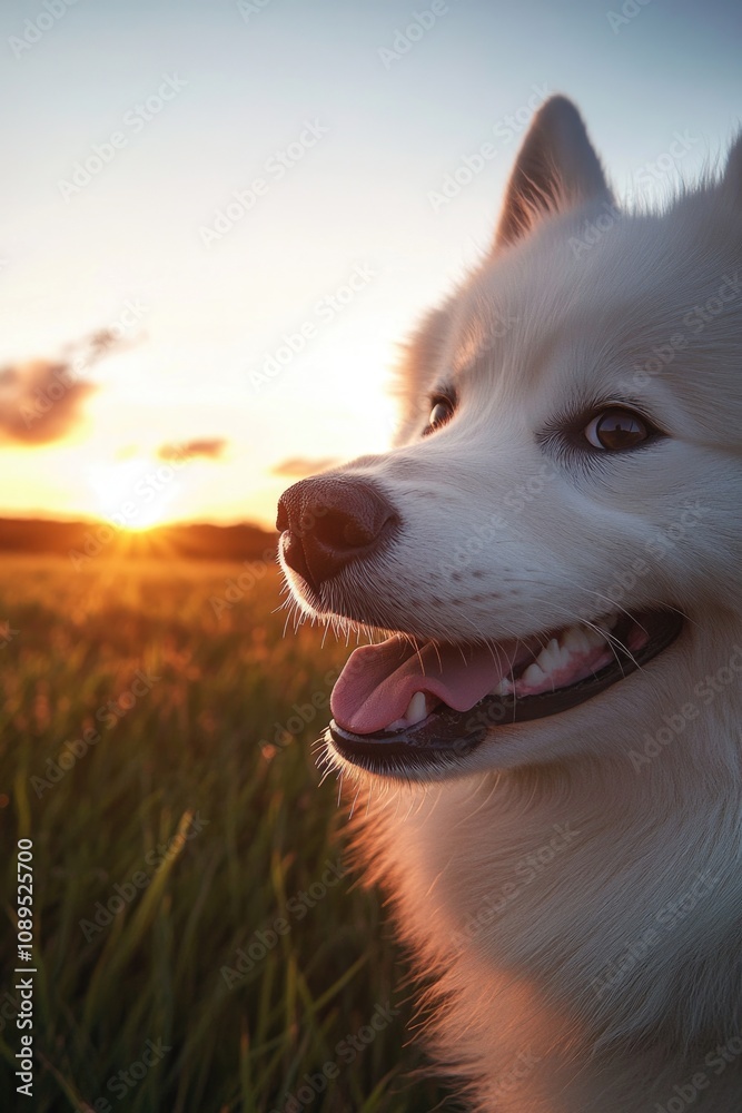 A close-up view of a dog standing in a field at sunset A close-up view of a dog standing in a field at sunset