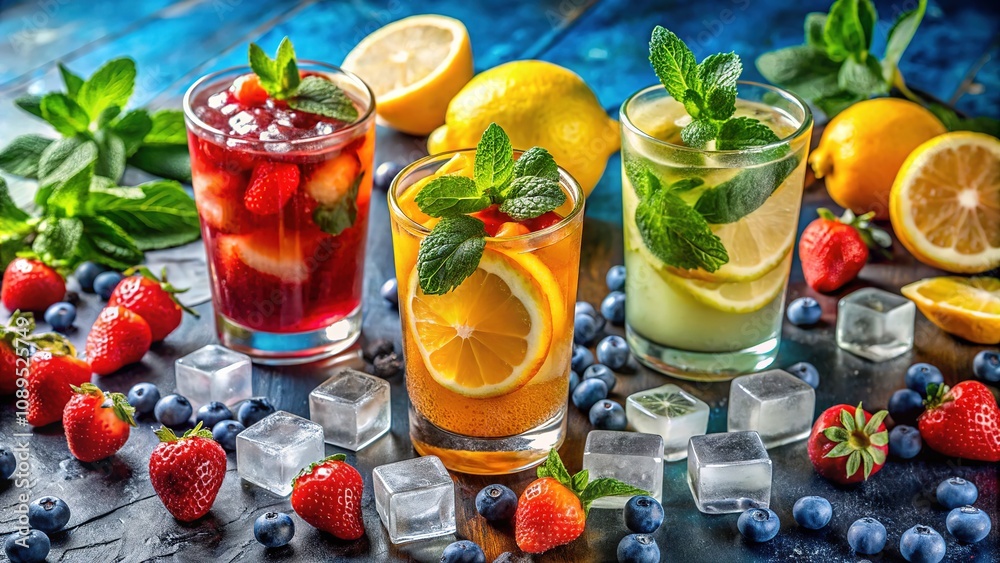 A colorful lemonade creation infused with mint, blueberries, tangy lemon, sweet orange, ripe strawberries, and chilled ice cubes for a refreshing summer sip. A colorful lemonade creation infused with mint, blueberries, tangy lemon, sweet orange, ripe strawberries, and chilled ice cubes for a refreshing summer sip.